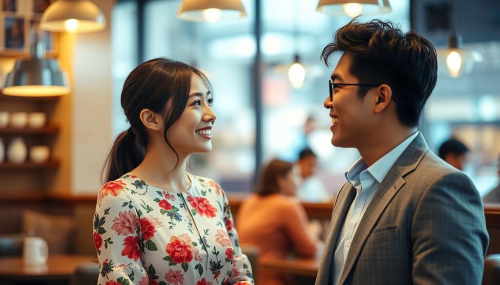 A young, attractive Japanese-looking couple meeting for the first time, standing in a cozy café with warm lighting. The woman is wearing a stylish floral dress and the man is in a well-fitted casual suit. They are making eye contact and smiling, exuding a sense of chemistry and positive first impression. The background is blurred, keeping the focus on the couple's engaging interaction. The scene is captured with a shallow depth of field and a slightly tilted angle, creating an intimate, candid feel.