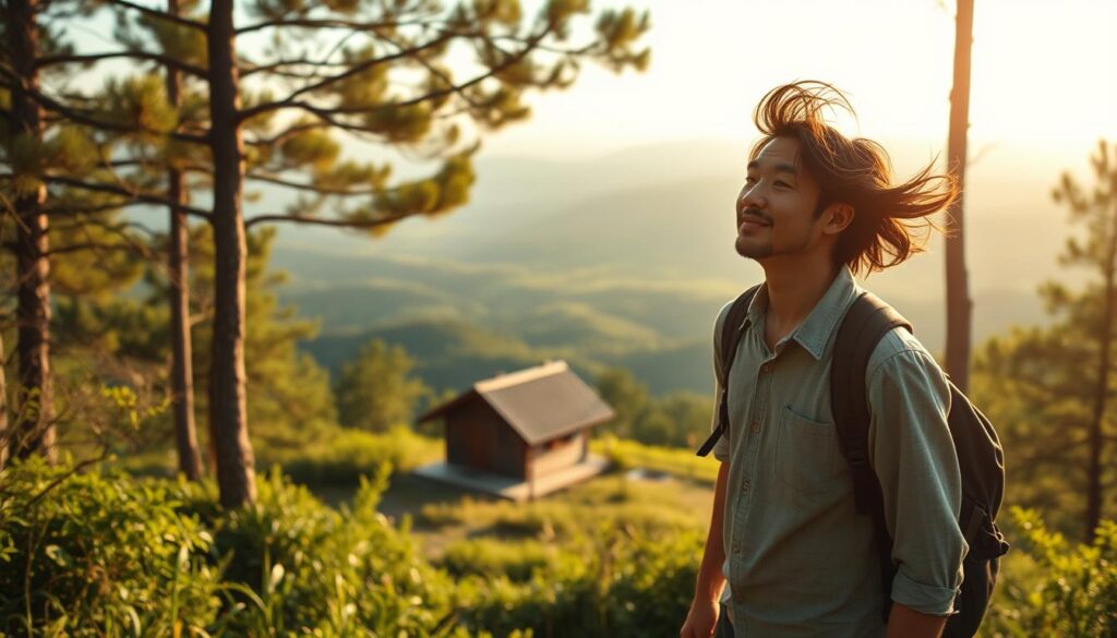 A young, free-spirited Japanese man strolling through a sun-dappled forest, his windblown hair and casual attire reflecting his adventurous, independent lifestyle. In the middle ground, a small wooden cabin nestled among the lush greenery, conveying a sense of rustic simplicity and self-reliance. The background features a panoramic vista of rolling hills and a distant horizon, evoking a feeling of wide-open spaces and boundless possibilities. Warm, natural lighting casts a soft, golden glow over the scene, creating an atmosphere of tranquility and contentment.