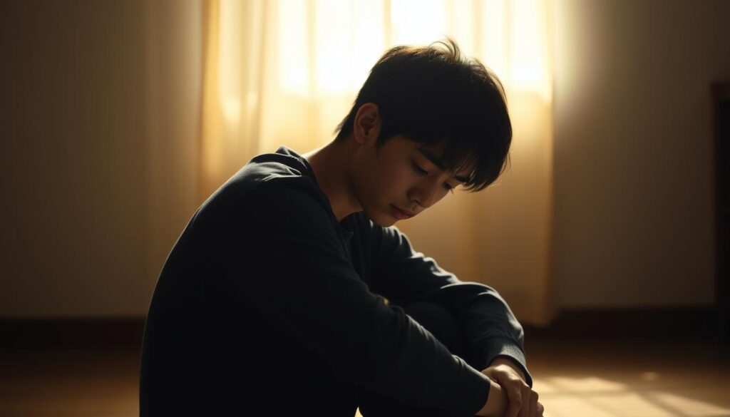 A young, introverted Japanese-looking person sits alone in a dimly lit room, their face etched with weariness. Their slumped posture and downcast gaze suggest the energy-draining nature of social interactions. The background is blurred, emphasizing the individual's introspective state, with soft, warm lighting casting gentle shadows that highlight the pensive mood. The scene evokes a sense of isolation and the challenges an INFJ might face in finding meaningful friendships, as the title suggests.