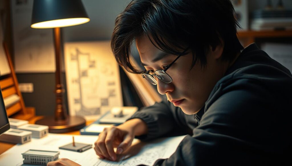 An architect gazes intently, lost in contemplation, their eyes narrowed in focus as they visualize the masterpiece unfolding in their mind. The warm glow of a desk lamp casts a soft, pensive light, casting dramatic shadows that accentuate the thoughtful creases in their brow. Amidst an array of sketches, blueprints, and architectural models, the figure sits deep in concentration, their youthful Japanese features framed by a cascade of dark hair, revealing the intensity and dedication of their creative process.