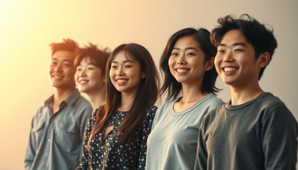 An energetic group of young Japanese individuals, radiating positive energy and resilience. They stand against a soft, blurred background, their expressions conveying a sense of tranquility and inner strength. Warm, diffused lighting bathes the scene, creating an atmosphere of contentment and focus. The figures are captured in a mid-shot, allowing their body language and facial features to be clearly visible, emphasizing their mental fortitude and adaptability to stress. The overall composition is balanced and harmonious, reflecting the power of a positive mindset in the face of life's challenges.
