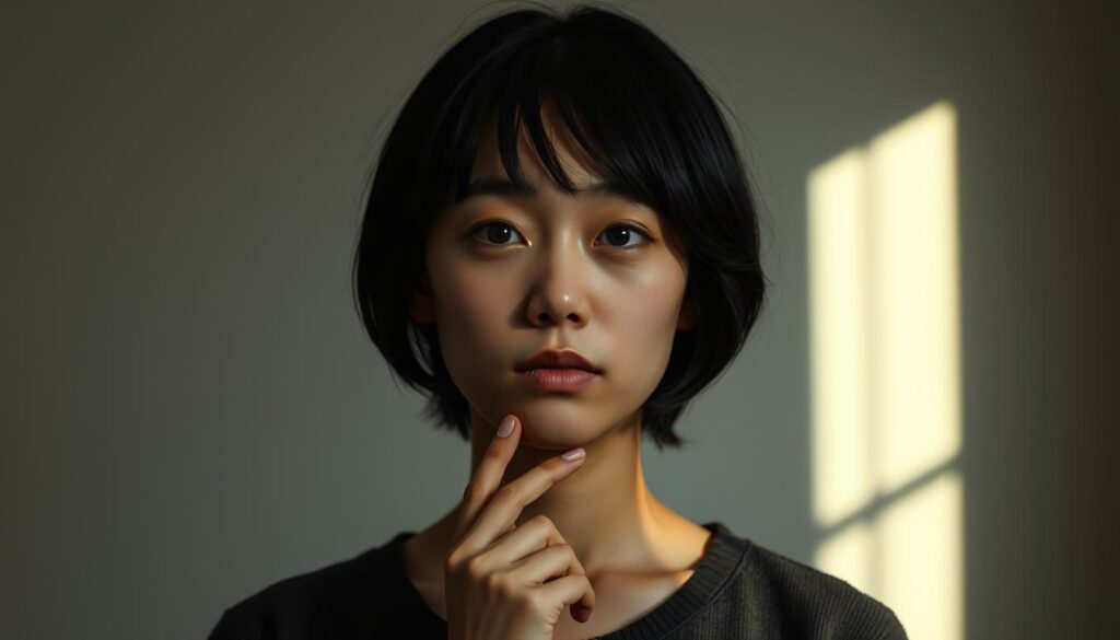 An evocative portrait of a young Japanese person thoughtfully assessing their strengths and weaknesses. The subject, with a serene, introspective expression, stands in a minimalist, softly lit interior, their dark hair and features casting dramatic shadows. The composition guides the viewer's eye to the subject's face, inviting contemplation of their self-analysis. The overall mood is one of focused introspection, underscoring the theme of understanding one's personal qualities. Rendered in a realistic photographic style, this image would elegantly complement the article's exploration of MBTI personality types and their associated assets and limitations.