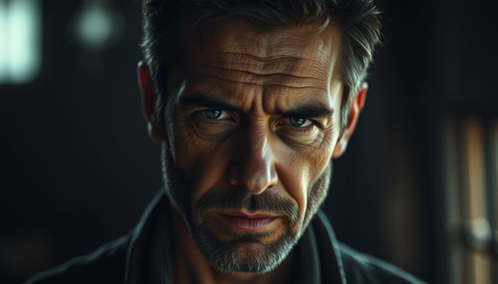 An intense, gritty portrait of a pragmatic, level-headed ESTP man, captured in a thoughtful, introspective moment. Dramatic lighting casts a pensive shadow over his face, his eyes narrowed in contemplation. The background is intentionally blurred, keeping the focus on his weathered features, conveying a sense of quiet strength and adaptability. The moody, realistic aesthetic underscores the subject's grounded, practical nature, hinting at both the advantages and limitations of his rationalist worldview. Rendered in a photorealistic style, the image aims to embody the paradoxical mixture of resilience and restraint that defines the ESTP's approach to life.