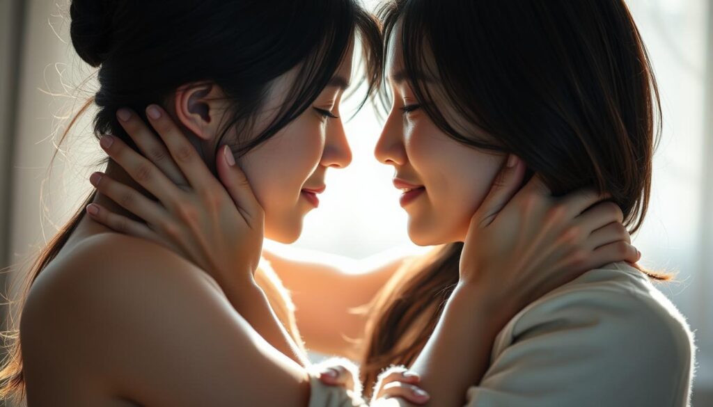 An intimate and connected pair of young Japanese-looking models entwined in a warm embrace, their faces close together, eyes locked in a deep, trusting gaze. Soft, natural lighting illuminates their features, creating a sense of intimacy and vulnerability. The background is subtly blurred, keeping the focus on the couple's connection. The overall atmosphere conveys a sense of emotional depth, vulnerability, and the strengthening of a profound interpersonal bond.