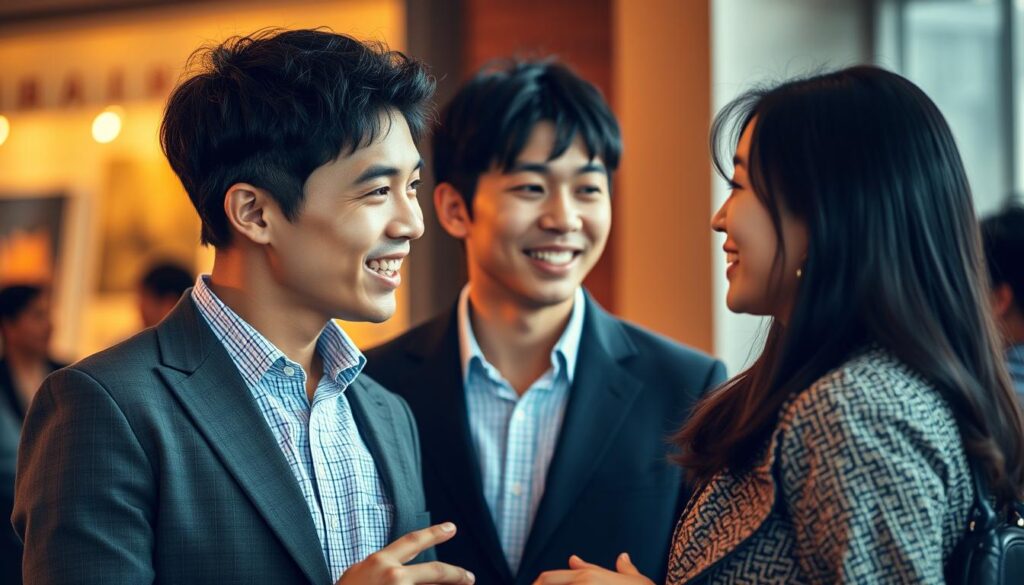An intimate, candid portrait of two young, stylish Japanese individuals - a man and a woman - engaged in a lively conversation. The figures are positioned in the foreground, their expressions and body language conveying a sense of dynamic interaction and mutual understanding. The background is softly blurred, keeping the focus on the central subjects. Warm, natural lighting subtly accentuates their features, creating a sense of warmth and authenticity. The composition is carefully balanced, drawing the viewer's attention to the engaging relationship between the two extroverted ESFJ personalities.