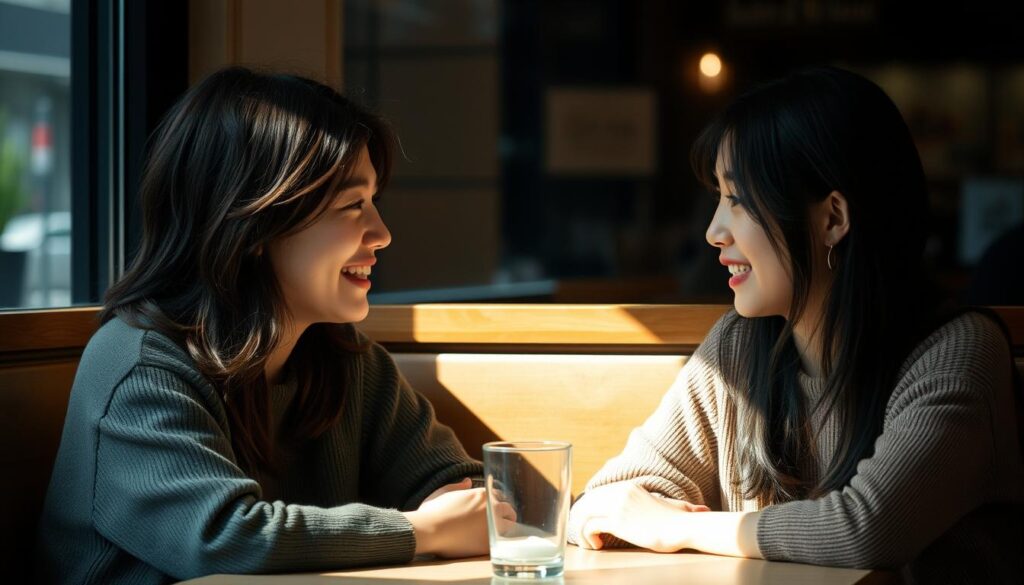 An intimate, candid snapshot of two close friends engaged in a meaningful, animated conversation. The pair is seated at a cozy cafe table, their body language conveying a sense of deep connection and understanding. Soft, natural lighting filters through the window, casting a warm, introspective glow on their faces. The background is slightly blurred, keeping the focus on the interpersonal dynamic unfolding between the two young Japanese individuals. Their expressions are relaxed yet earnest, reflecting the comfort and trust inherent in their friendship. An atmosphere of genuine rapport and emotional intimacy permeates the scene.