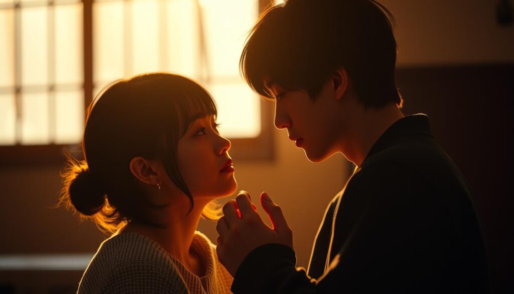 An intimate conversation between two young Japanese individuals, showcasing a deep level of trust and connection. The scene is bathed in warm, soft lighting, with a sense of stillness and solemnity. The figures are positioned close together, their gaze locked, expressions conveying a profound understanding and emotional intimacy. The background is blurred, placing the focus entirely on the interaction between the subjects. The overall atmosphere is one of quiet introspection, vulnerability, and the building of a meaningful, lasting bond.