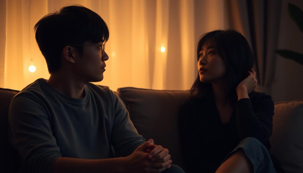 An intimate couple, a young Japanese man and woman, sit together in a dimly lit room. Soft ambient lighting casts a warm, inviting glow, creating a cozy, introspective atmosphere. The pair gaze intently at each other, expressions conveying a mixture of understanding and vulnerability as they discuss ways to improve their romantic compatibility. Their body language is relaxed yet purposeful, suggesting a willingness to openly communicate and find common ground. The scene exudes a sense of contemplation and cautious optimism, hinting at the journey of mutual growth and understanding ahead.