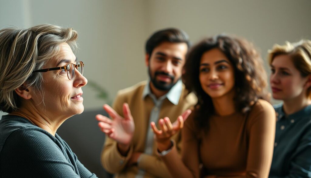 An intimate gathering of four diverse individuals, each embodying a unique communication style. In the foreground, a thoughtful INFJ listens intently, their expressive eyes and warm demeanor drawing others in. The middle ground features a lively extrovert, gesturing animatedly and engaging the group. In the background, a reserved observer takes in the scene, their pensive gaze capturing the nuances of the interaction. Soft, natural lighting bathes the scene, creating a sense of harmony and understanding. The composition is carefully balanced, highlighting the interplay of personalities and the art of effective communication. An intimate gathering of four diverse individuals, each embodying a unique communication style. In the foreground, a thoughtful INFJ listens intently, their expressive eyes and warm demeanor drawing others in. The middle ground features a lively extrovert, gesturing animatedly and engaging the group. In the background, a reserved observer takes in the scene, their pensive gaze capturing the nuances of the interaction. Soft, natural lighting bathes the scene, creating a sense of harmony and understanding. The composition is carefully balanced, highlighting the interplay of personalities and the art of effective communication.