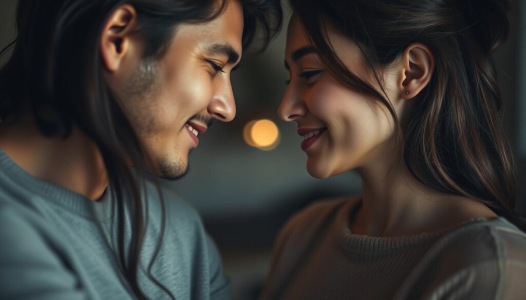An intimate moment of effortless connection between two INFP-type individuals, their eyes locked in a warm, understanding gaze. Soft lighting caresses their features, creating an aura of serenity and emotional intimacy. The background is blurred, allowing the viewer to focus on the gentle interplay of their expressions, conveying a profound bond and a sense of being truly seen and accepted. The composition is balanced, with the figures occupying the central space, radiating an atmosphere of trust, empathy, and unspoken communication.