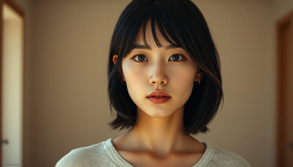 An intimate portrait of the ISFP's strengths and unique qualities, captured with photorealistic clarity. A young, Japanese-looking model with dark hair stands in a softly lit, minimalist interior, their pensive gaze conveying a sense of introspection and creative potential. Warm, muted tones create an atmosphere of calm and reflection, inviting the viewer to appreciate the ISFP's sensitivity, artistry, and depth of character.