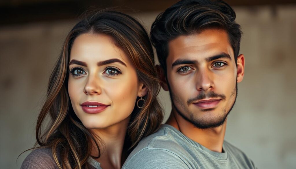 An intimate portrait of two young individuals, a woman and a man, embodying the harmonious dynamic between an ENFJ and an ESTP. The woman, with a warm and captivating gaze, exudes a natural charisma and nurturing presence. The man, with a confident and adventurous demeanor, complements her energy with a bold and innovative spirit. They stand together, their body language suggesting a deep connection and mutual understanding, set against a softly blurred background that emphasizes their connection. Soft, natural lighting illuminates their faces, casting a serene and introspective mood, inviting the viewer to feel the depth of their compatibility and the allure of this dynamic pairing.