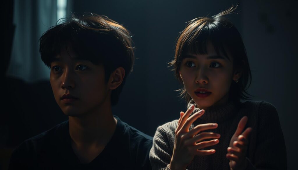 An intimate scene comparing the introspective intuitive thought process of an ENFP (left) and the sensory-driven, expressive ESFP (right). The ENFP, with a focused gaze, appears lost in contemplation, their surroundings fading into a soft, dreamlike blur. The ESFP, vibrant and animated, gestures expressively, their environment rendered in vivid, textured detail. Dramatic low-angle lighting casts dramatic shadows, heightening the contrast between the two distinct cognitive styles. Moody, atmospheric tones create a sense of introspection and self-discovery. The models, young Japanese individuals, convey a sense of authenticity and cultural specificity.