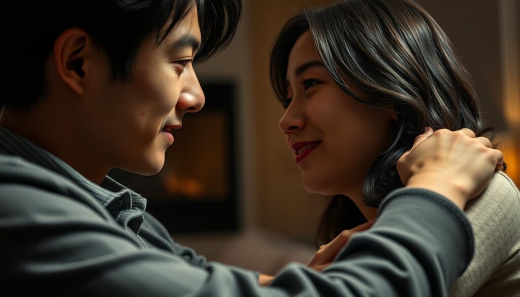 An intimate scene of a young, Japanese-looking man with black hair, caught in a moment of deep eye contact and warm, affectionate body language with his romantic partner. The lighting is soft and flattering, creating a cozy, inviting atmosphere. The couple's expressions convey a sense of mutual understanding, care, and unspoken emotional connection. The composition draws the viewer's gaze to the couple's faces and the subtle, yet meaningful gestures that signal their budding ENFP-style affection. The background is subtly blurred, keeping the focus on the two individuals and their intimate interaction.