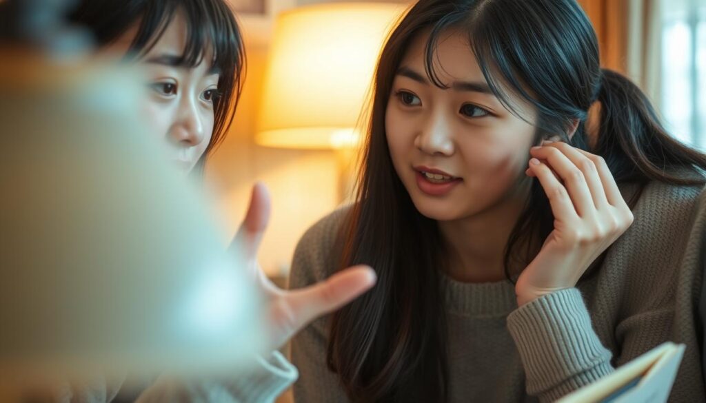 An intimate scene of two young Japanese women deep in animated discussion, their faces lit by the warm glow of a nearby lamp. In the foreground, one woman gestures passionately, her eyes alight with the thrill of intellectual curiosity. Her companion leans in, captivated, her expression reflecting the allure of thoughtful debate. The background is softly blurred, keeping the focus on their engrossing conversation. The lighting is natural, subtly accentuating the women's delicate features and creating an atmosphere of intellectual intimacy. A sense of warmth, connection, and the beauty of the mind's journey permeates the scene. An intimate scene of two young Japanese women deep in animated discussion, their faces lit by the warm glow of a nearby lamp. In the foreground, one woman gestures passionately, her eyes alight with the thrill of intellectual curiosity. Her companion leans in, captivated, her expression reflecting the allure of thoughtful debate. The background is softly blurred, keeping the focus on their engrossing conversation. The lighting is natural, subtly accentuating the women's delicate features and creating an atmosphere of intellectual intimacy. A sense of warmth, connection, and the beauty of the mind's journey permeates the scene.