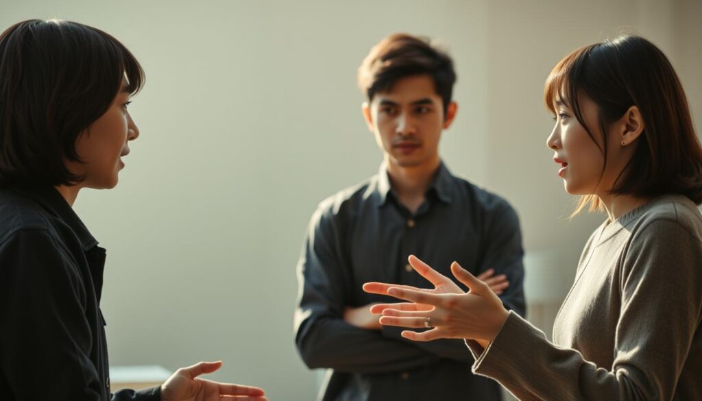 An intricate scene depicting the communication challenges of an ENTP individual, captured with a cinematic aesthetic. In the foreground, two young Japanese-looking people engage in a lively, gesticulating discussion, their expressions animated and intense. The middle ground features a more subdued third person, observing the exchange with a pensive gaze. The background is softly blurred, creating a sense of depth and intimacy. The lighting is natural, casting subtle shadows and highlights that accentuate the figures' features and body language. The overall mood is one of intellectual discourse, with an underlying tension hinting at the nuances of ENTP communication patterns.