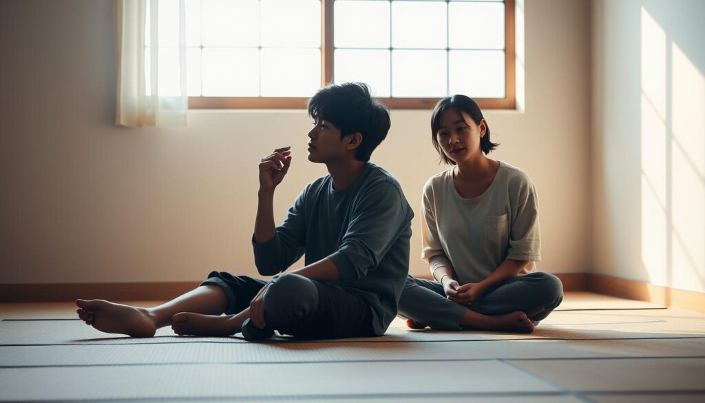 An introspective scene of two young Japanese individuals, a man and a woman, thoughtfully engaged in emotional self-reflection. The pair sit cross-legged on a serene tatami mat floor, illuminated by soft, diffused natural lighting from a nearby window. Their expressions convey a sense of calm and focused contemplation, as they delve into the depths of their inner selves. The background is minimalist and uncluttered, allowing the viewer to remain immersed in the intimate, meditative atmosphere. The image aims to capture the essence of personal growth and emotional awareness, reflecting the theme of "self-understanding" within the article.