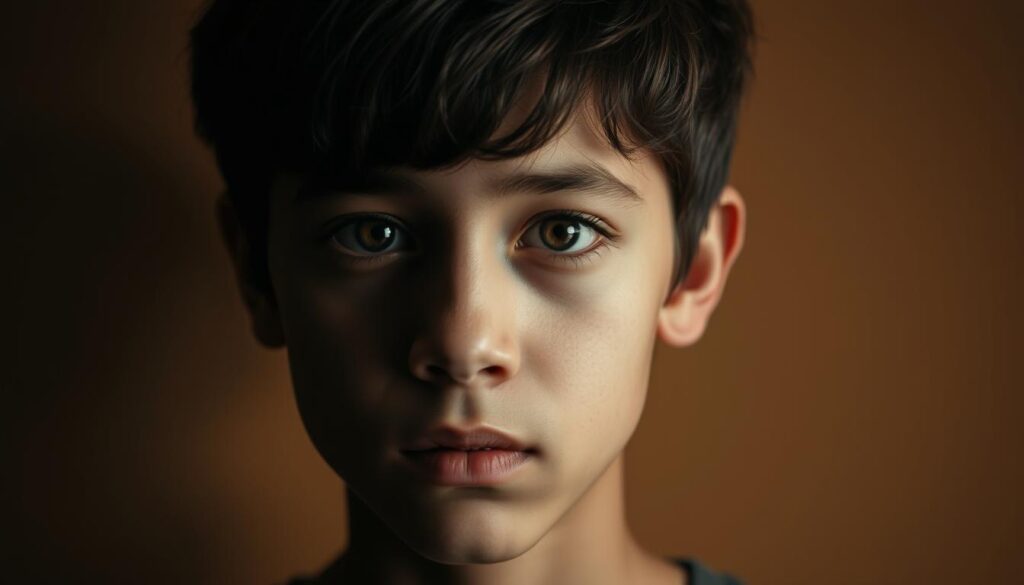 An introspective young individual with a captivating gaze, their visage exuding an air of profound contemplation. The lighting is soft and atmospheric, casting gentle shadows that accentuate the thoughtful expression. The background is a warm, muted palette, allowing the subject's pensive demeanor to take center stage. The lens is focused tightly, creating a sense of intimacy and connection with the viewer. This image embodies the essence of an INTP-A character, their unique thought processes and empathetic nature shining through in a poignant and visually compelling manner.