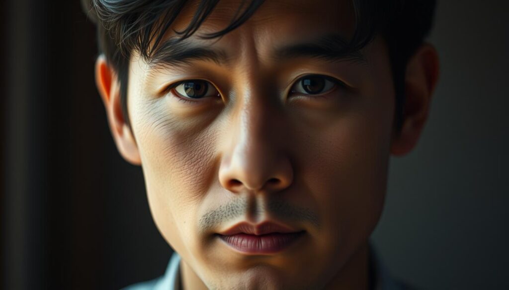An introverted Japanese man, his expression reserved and subtle, conveyed through soft, muted colors and a subdued lighting. A close-up portrait showcasing his introspective gaze, capturing the essence of his restrained emotional expression. The scene is rendered in a realistic photographic style, with a shallow depth of field that gently blurs the background, drawing the viewer's focus inward. An intimate, contemplative mood permeates the image, reflecting the nuanced nature of the ISTP personality's emotional landscape.