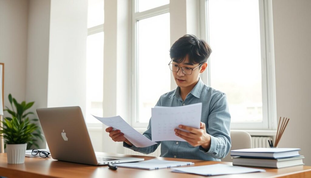 An organized young Japanese person in a minimalist office setting, meticulously planning their time using a laptop, calendar, and notes. Soft natural lighting filters through large windows, casting a serene ambiance. The figure's expression conveys focused determination as they optimize their schedule, embodying the principles of strategic time management. The scene conveys a sense of discipline, efficiency, and a thoughtful approach to one's daily activities.