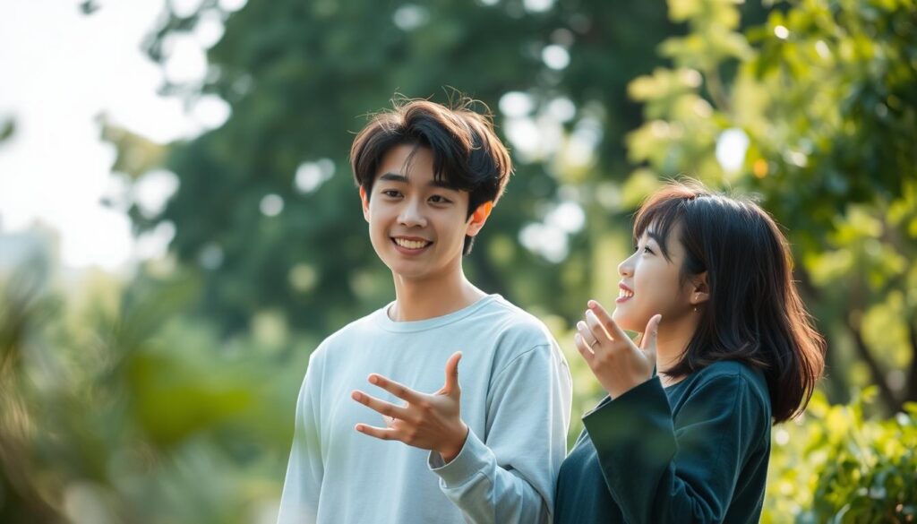 Serene outdoor setting with a young Japanese-looking couple engaged in natural, unaffected conversation. Soft, diffused natural lighting filters through the lush greenery surrounding them, creating a warm, relaxed atmosphere. The pair make eye contact and gestures freely, their body language conveying an ease and comfort in each other's presence. The scene captures a sense of genuine, unguarded connection, reflecting the idea of effortless communication in a romantic relationship.