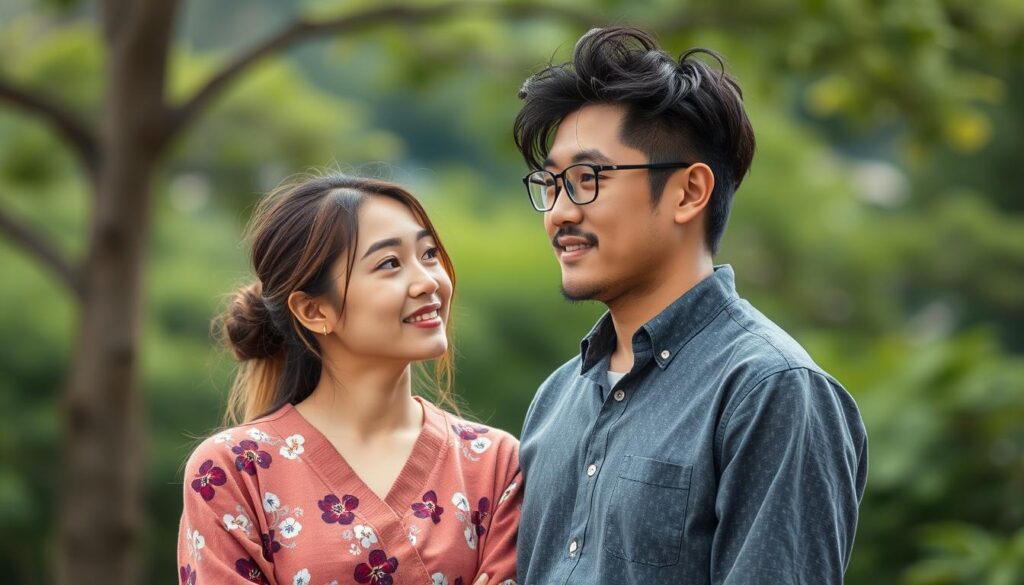 Two individuals, a woman and a man, standing side by side in a serene outdoor setting, their contrasting yet complementary personalities radiating an aura of harmony and understanding. The woman, with a warm, nurturing expression, represents the ESFJ archetype, while the man, with a more adventurous, expressive demeanor, embodies the ENFP persona. They gaze at each other, their body language suggesting a deep connection and mutual respect, their differences blending seamlessly to create a strong, resilient partnership. Soft, natural lighting illuminates their youthful, Japanese-inspired features, highlighting the balance and synergy they have achieved by embracing their unique identities. The scene conveys a sense of peaceful collaboration, where their distinct traits empower them to navigate life's challenges with wisdom and understanding.