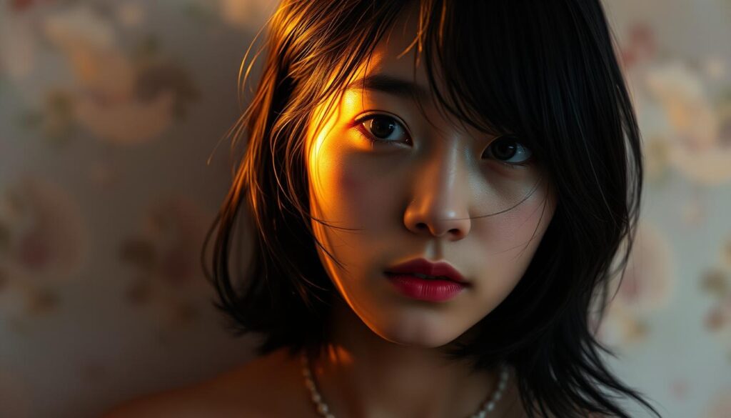 a striking, luminous, and artistic self-portrait of a young Japanese person with dark hair against a dreamy, ethereal background. The subject is illuminated by a warm, golden light, their features delicate and serene, exuding a sense of introspection and creative expression. The composition is balanced and intentional, with the subject's gaze directed inwards, conveying a deep, reflective mood. The background is a soft, abstract blend of colors and textures, creating a sense of depth and atmosphere that complements the subject's artistic and contemplative aura.