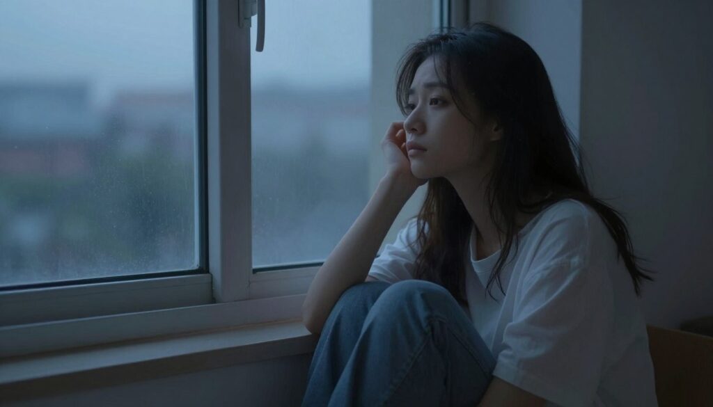 悩むINFJ-A型の女性が一人で考え込んでいる様子