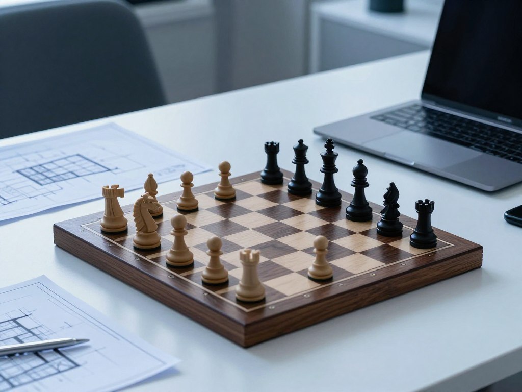 INTJの戦略的思考を表現する、チェスの駒と設計図が置かれた机