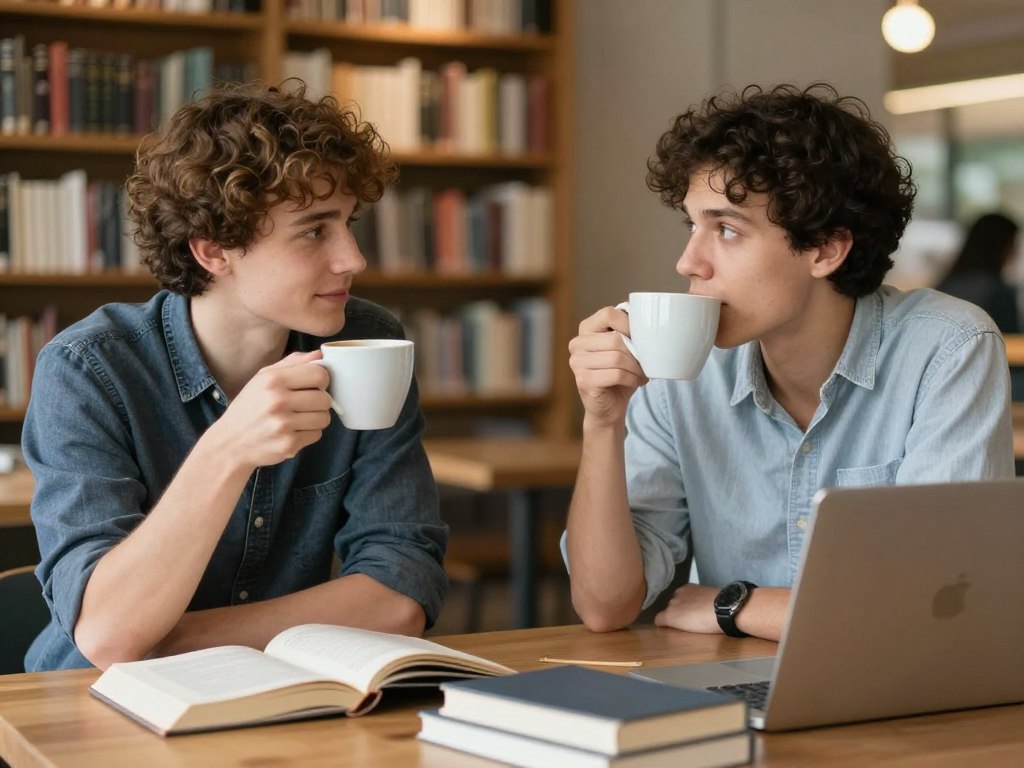 INTPとINTJの友人が一緒にコーヒーを飲みながら話している様子