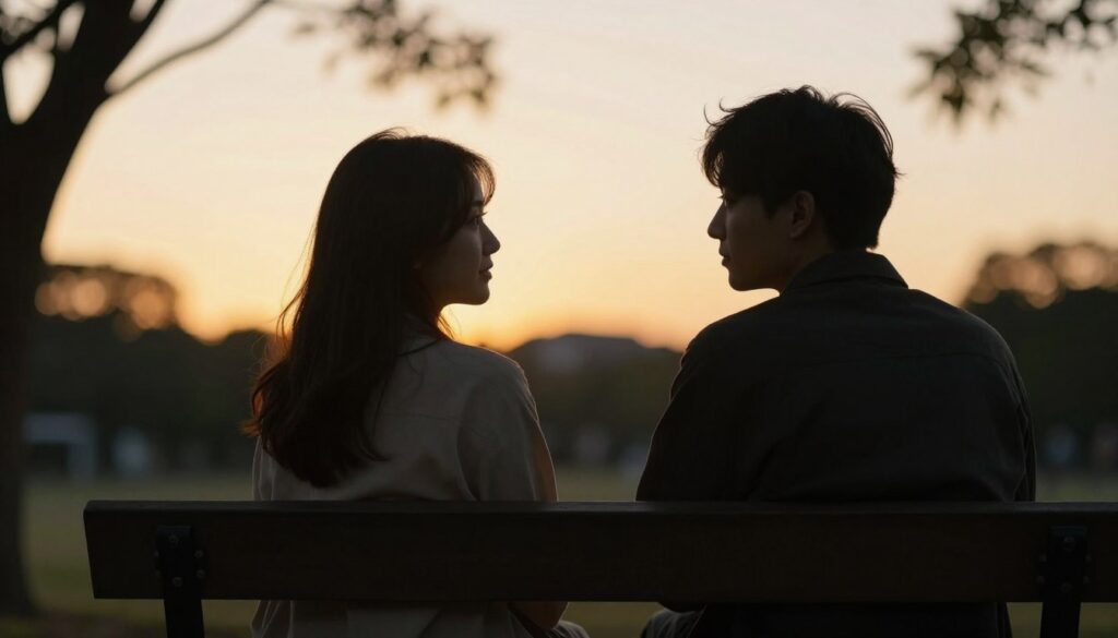 カップルが夕暮れに語り合う様子