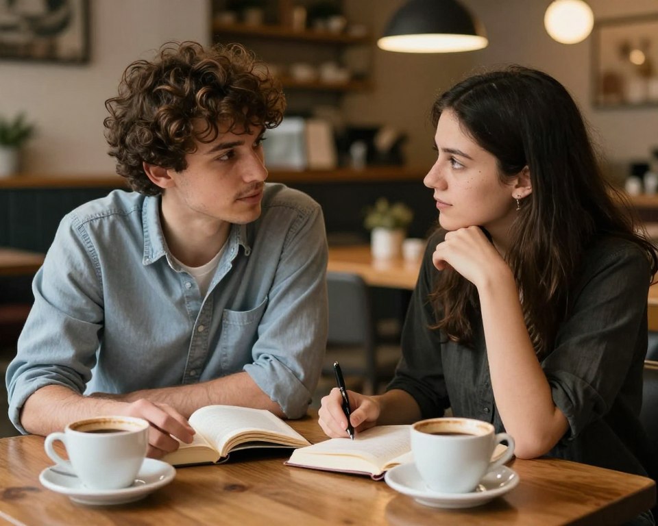 カフェで深い会話をするカップル