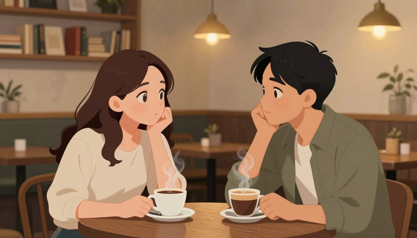 INTJとINFPのカップルが静かなカフェで深い会話を楽しんでいる様子