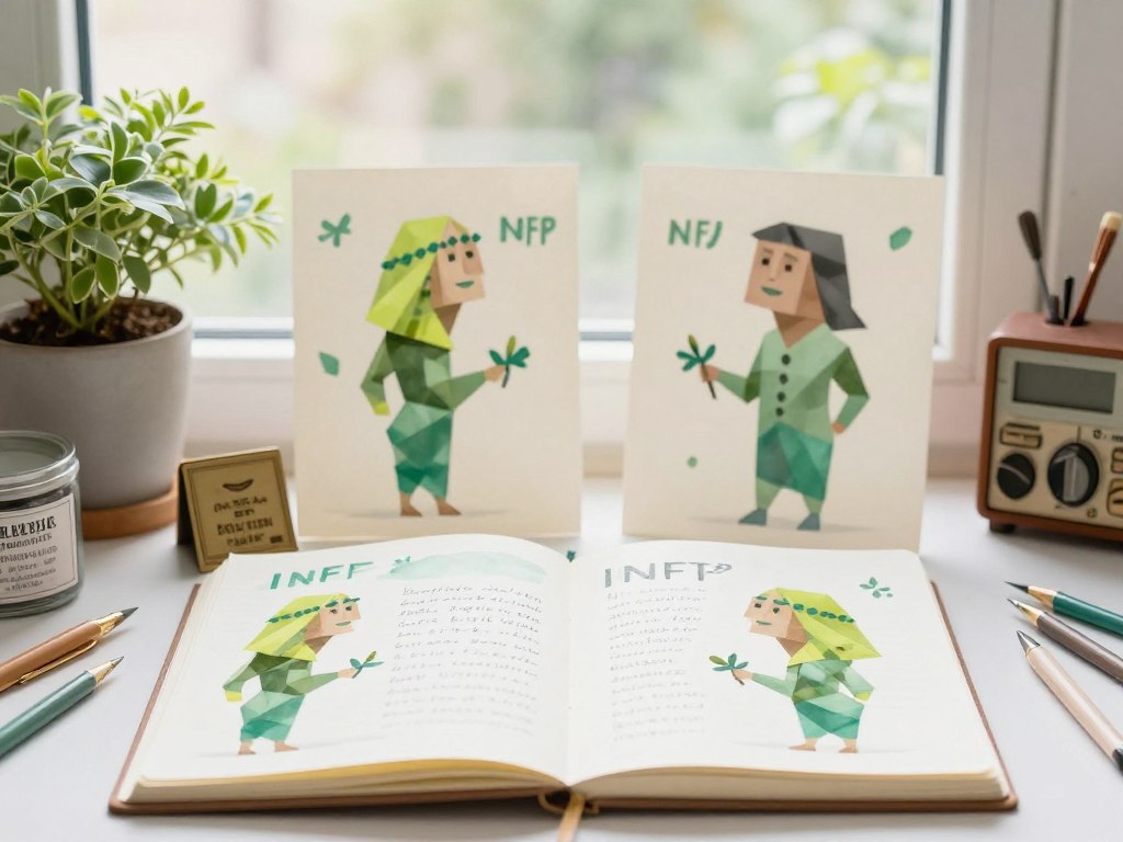 INFPの創造的で感情豊かな世界観を表現する、水彩画とノートが置かれた柔らかい光の空間