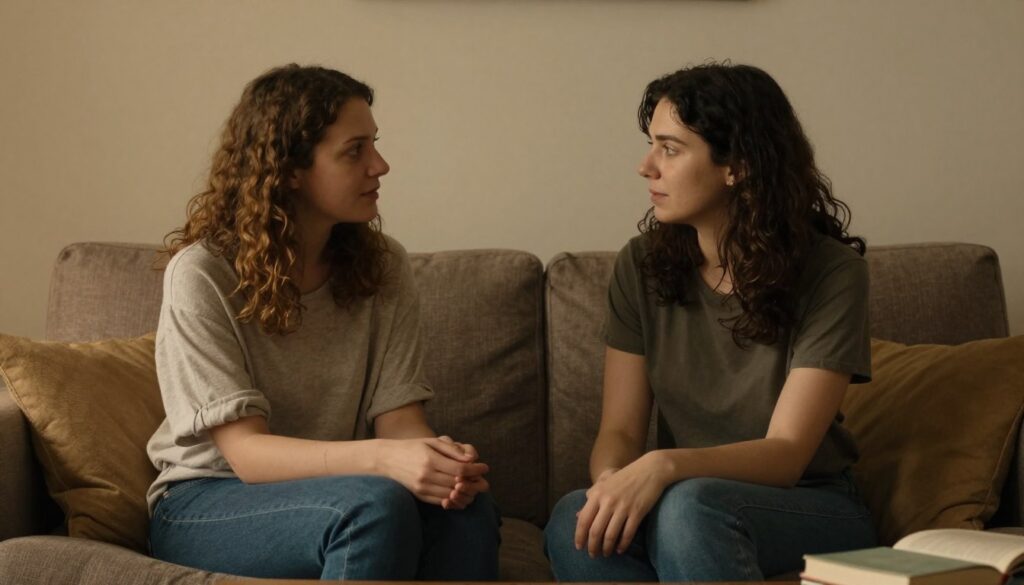 INTJとINFPが静かな場所で深い会話をしている様子、お互いを理解しようとする姿勢