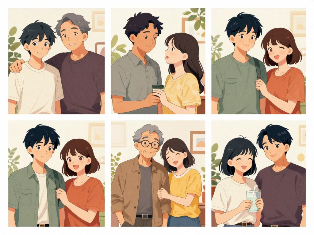3組の異なるINTP-INFJカップルが幸せそうに過ごしている様子のコラージュ