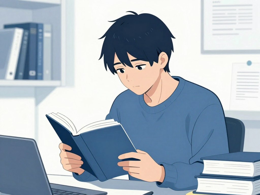 INTPタイプの人物が本を読みながら深く考えている様子