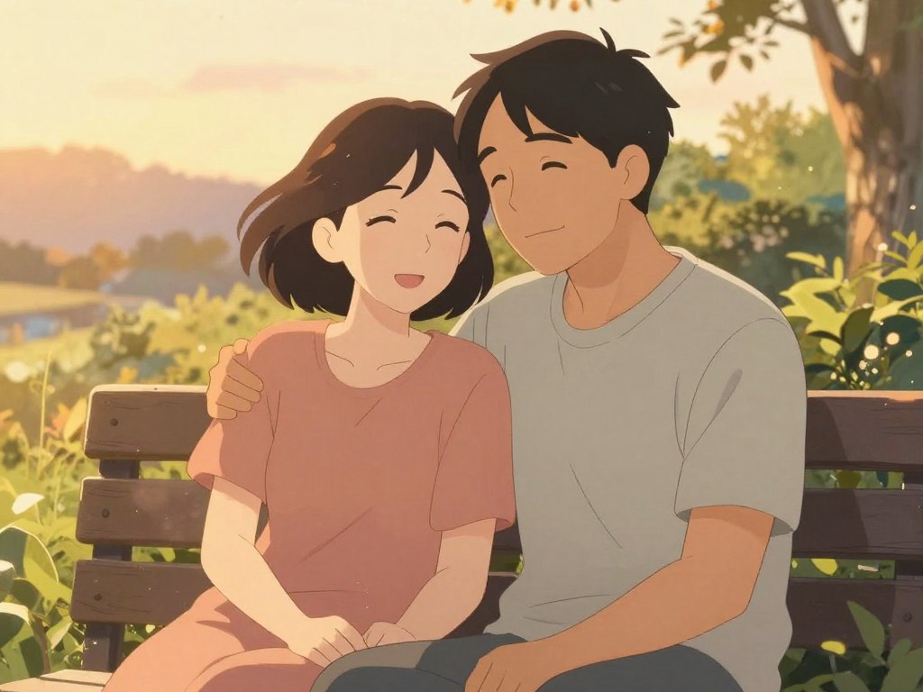 INTPとINFJが幸せそうに微笑み合っている、完成された関係のイメージ