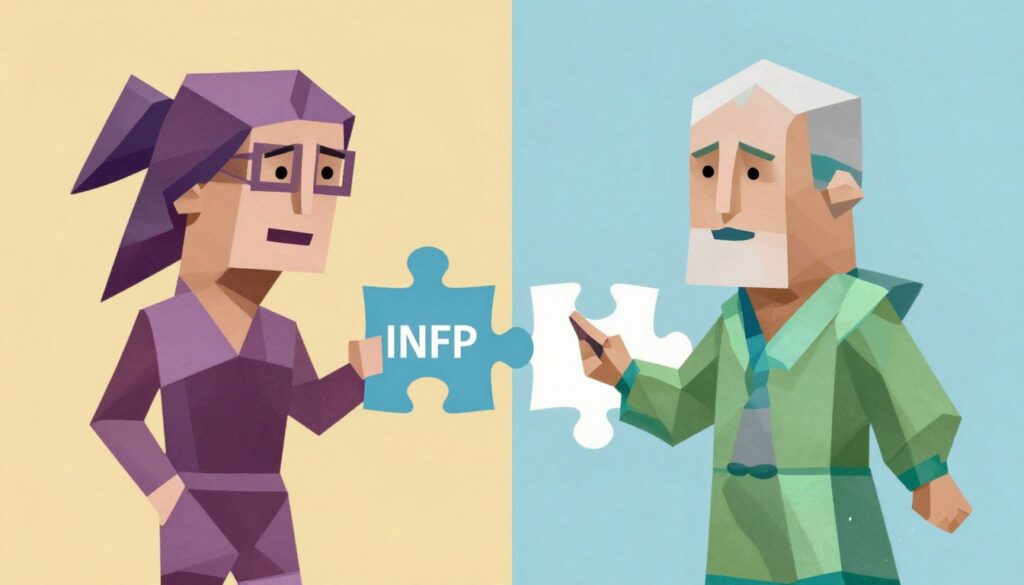 INTPとINFJが互いに興味深く対話している様子、パズルのピースが合うイメージ