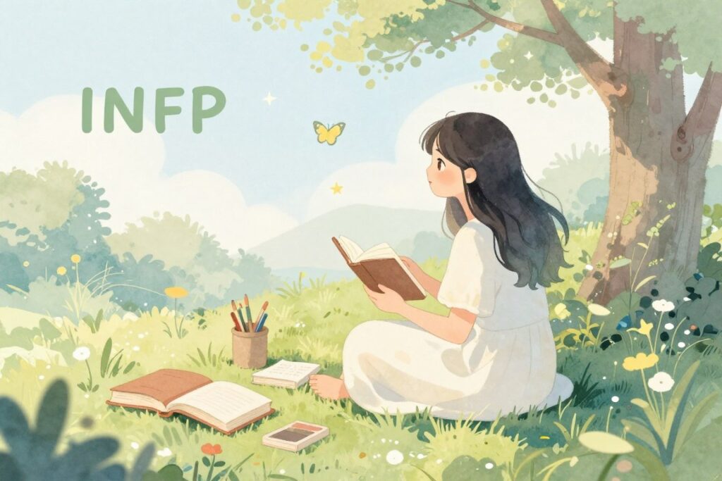 infpタイプの内向的で創造的な世界観を表す幻想的なイラスト